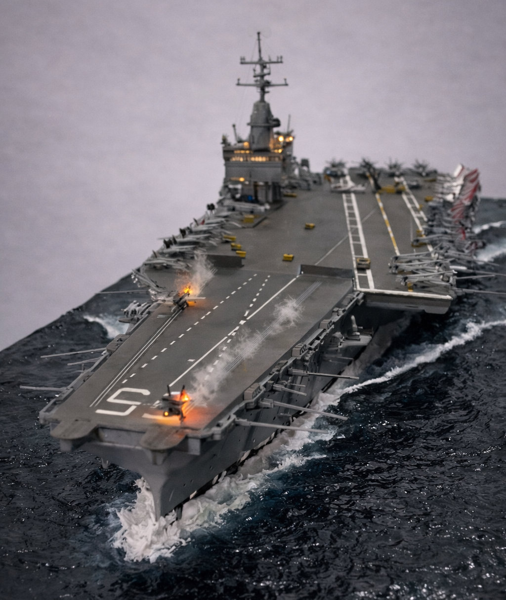 Diorama Naval Moderno – Porta-Aviões em Operação no Oceano (Miniatura Artesanal)