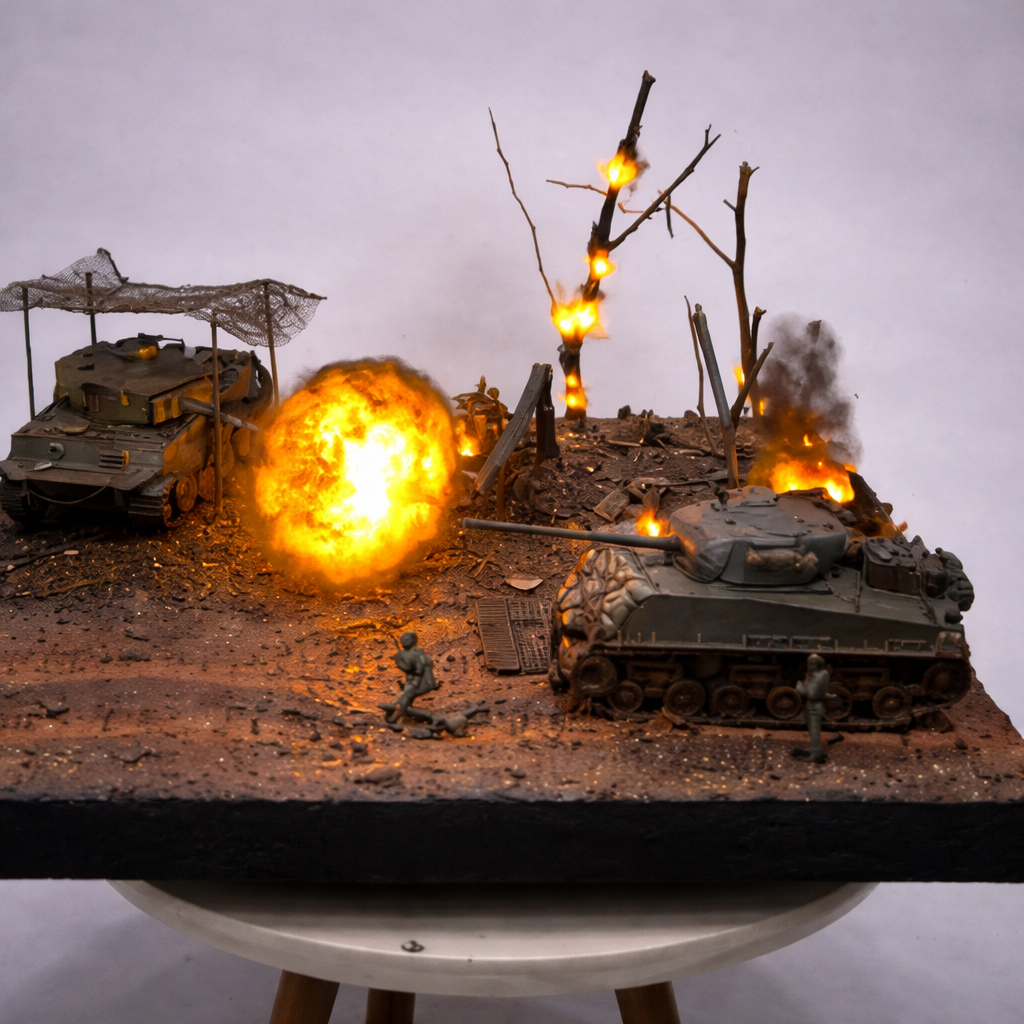 Diorama Terrestre Segunda Guerra Mundial – Combate Blindado em Área Devastada (Miniatura Artesanal)