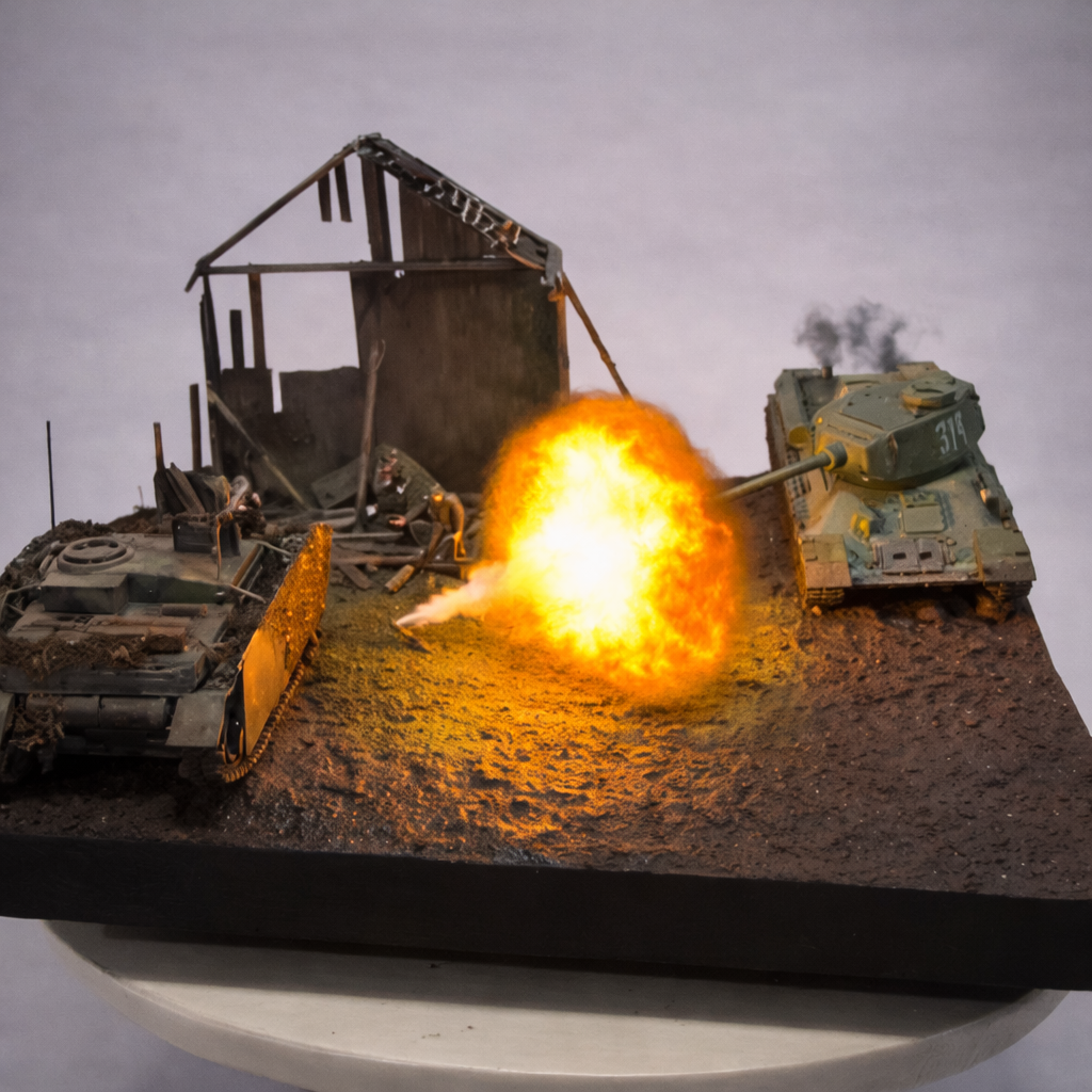Diorama Terrestre Segunda Guerra Mundial – Combate Blindado em Área Rural Devastada (Miniatura Artesanal)