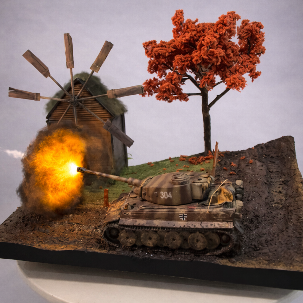 Diorama Terrestre Segunda Guerra Mundial – Blindado em Ataque a Moinho Rural (Miniatura Artesanal)