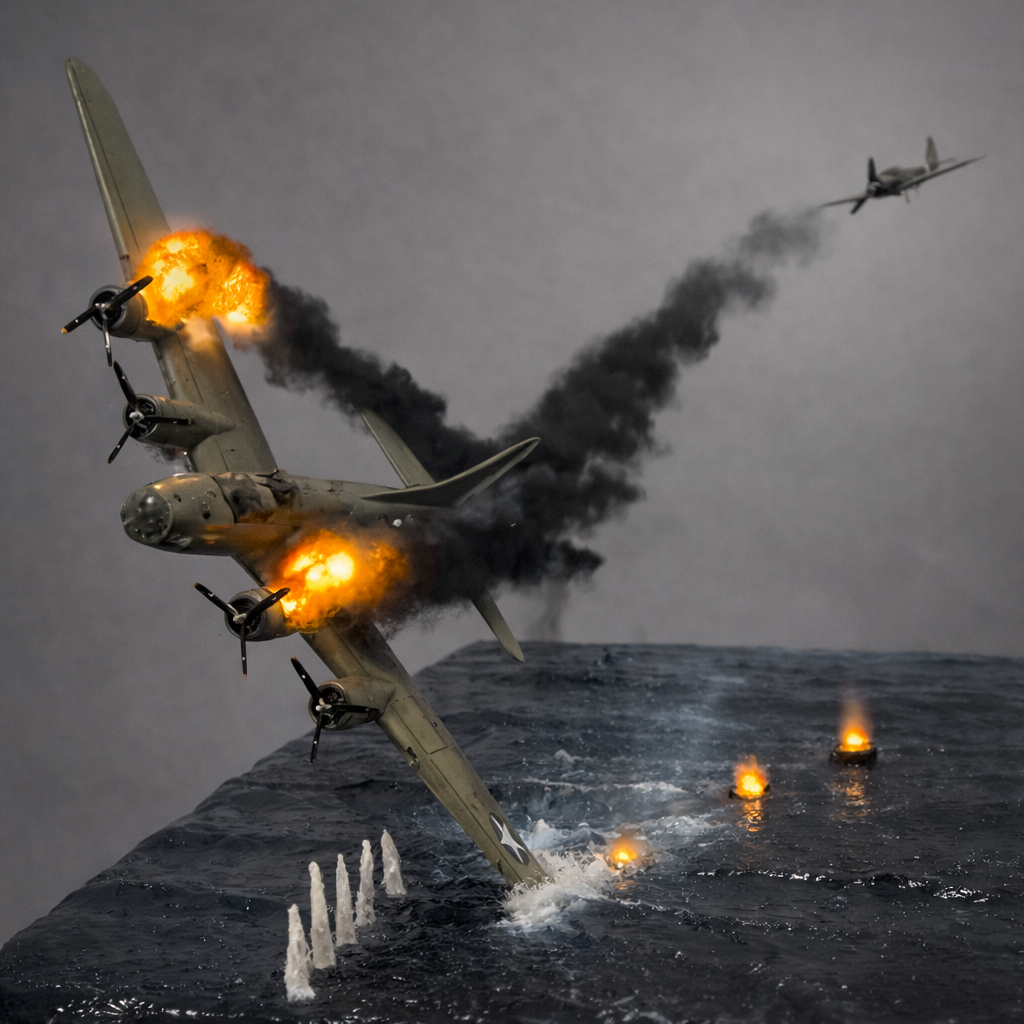 Diorama Aéreo Segunda Guerra Mundial – Bombardeiro Danificado Sobre o Mar (Miniatura Artesanal)
