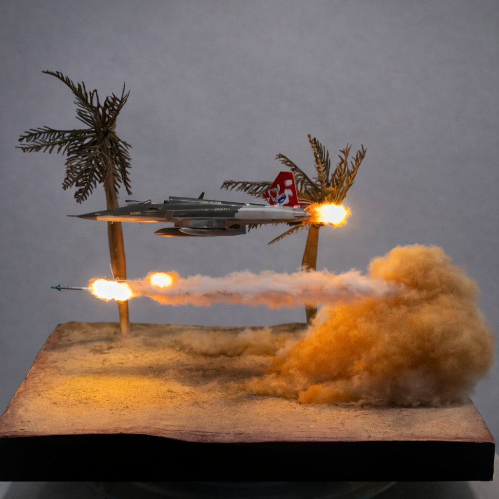 Diorama Militar Moderno – Ataque Aéreo em Terreno Desértico (Miniatura Artesanal)