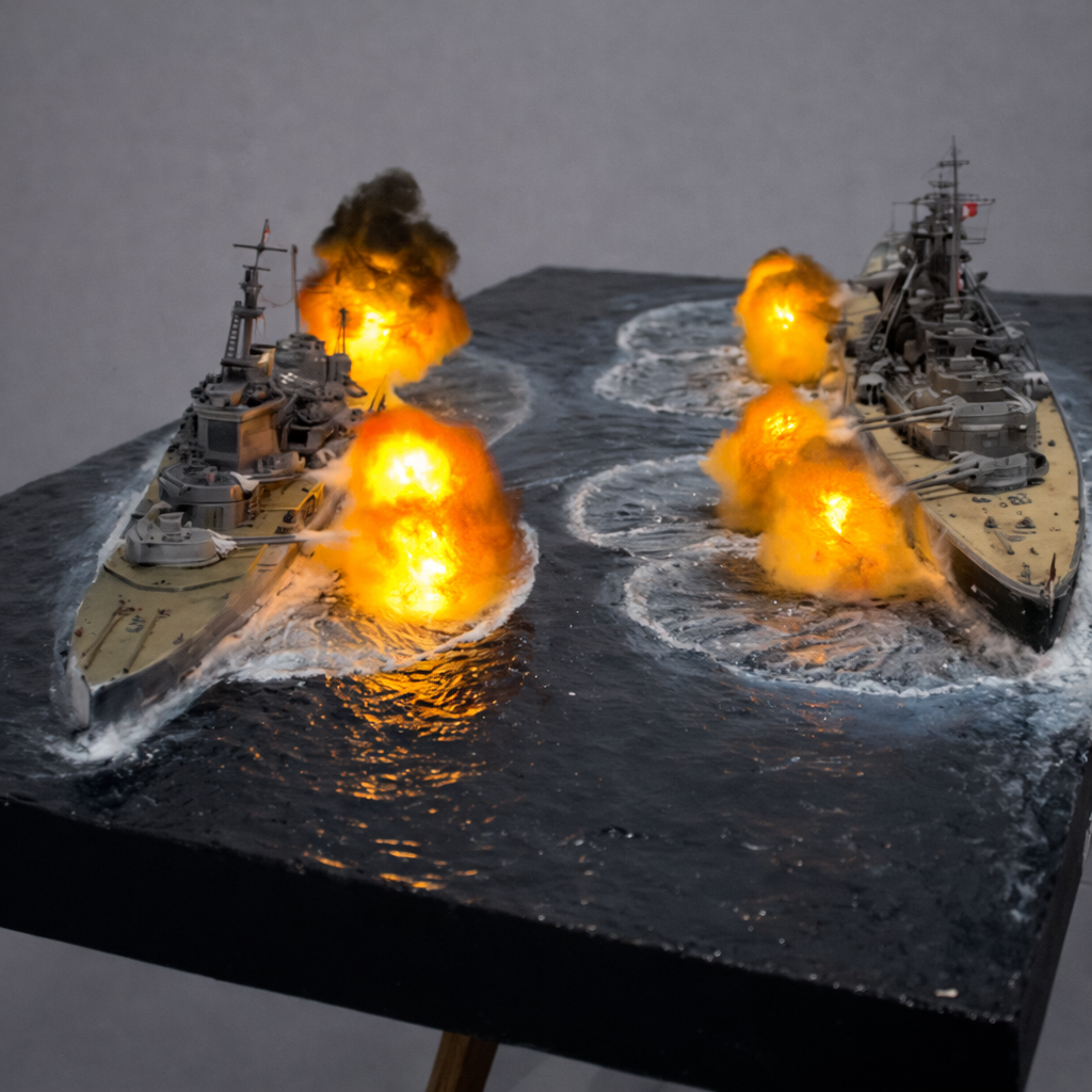 Diorama Naval Segunda Guerra Mundial – Duelo de Couraçados em Alto-Mar (Miniatura Artesanal)