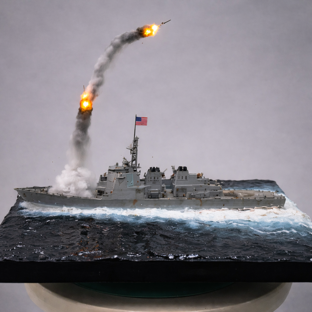 Diorama Naval Moderno – Destroyer Lançando Míssil em Alto-Mar (Miniatura Artesanal)