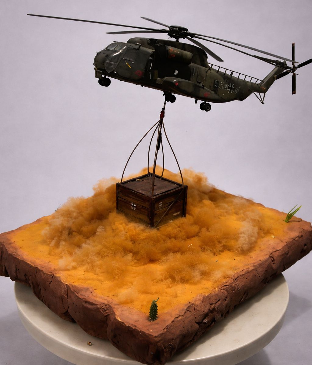Diorama Militar Moderno – Helicóptero de Transporte em Operação de Carga no Deserto (Miniatura Artesanal)
