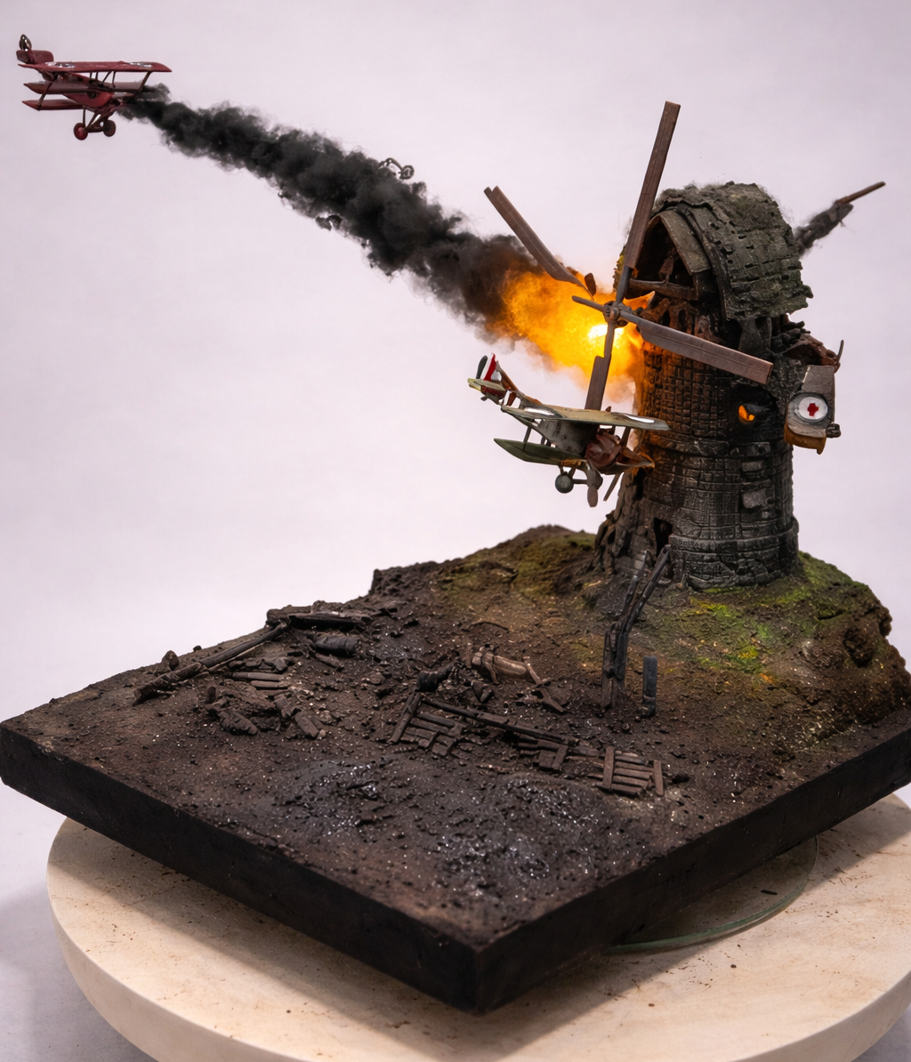 Diorama Aéreo Primeira Guerra Mundial – Ataque a Moinho Fortificado (Miniatura Artesanal)