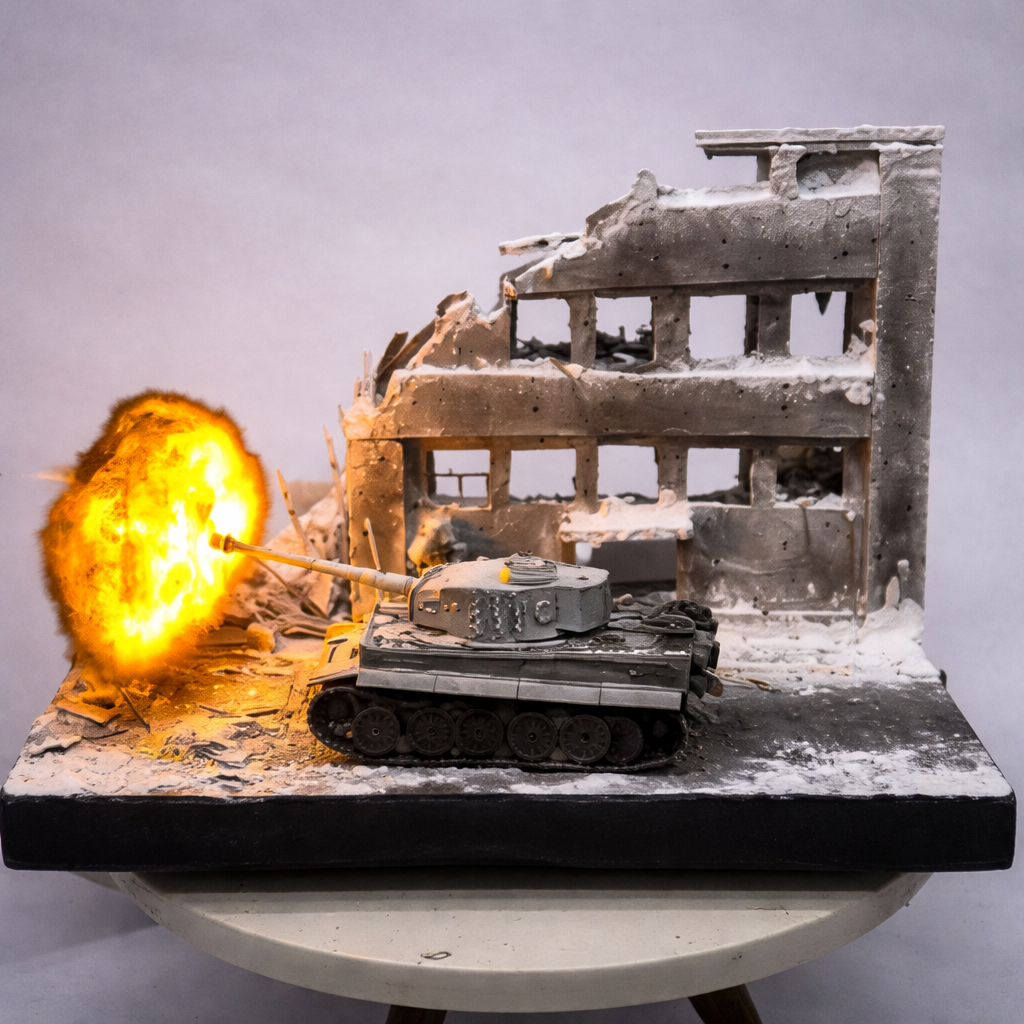 Diorama Terrestre Segunda Guerra Mundial – Blindado em Combate Urbano no Inverno (Miniatura Artesanal)