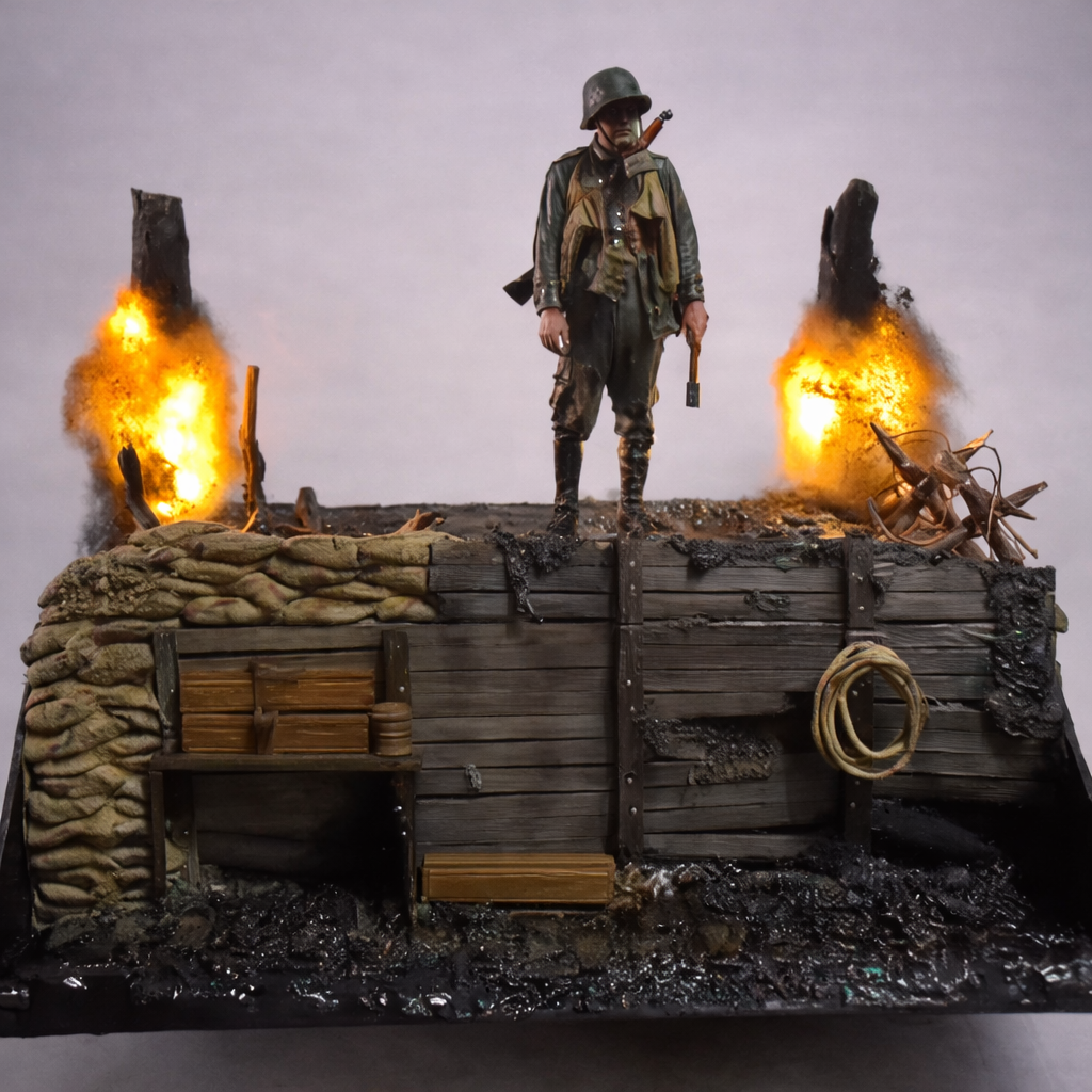 Diorama Terrestre Segunda Guerra Mundial – Soldado em Posição Defensiva Sob Bombardeio (Miniatura Artesanal)