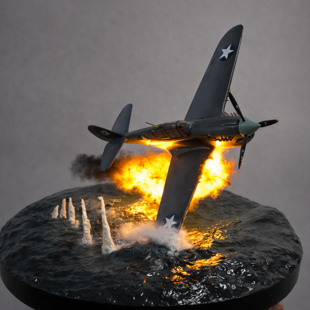 Diorama Aéreo Segunda Guerra Mundial – Caça Naval Atingido Sobre o Oceano (Miniatura Artesanal)