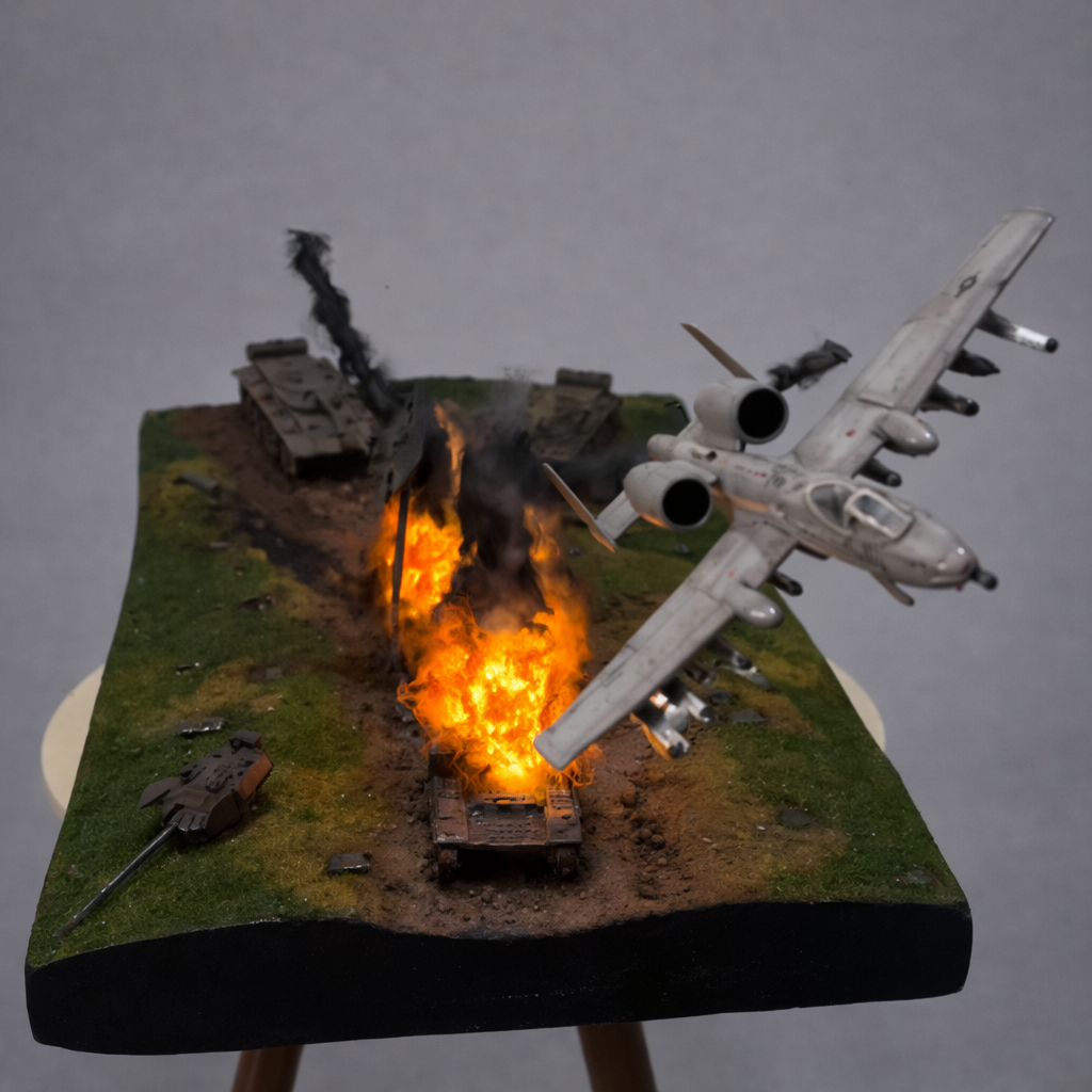 Diorama Militar Moderno – Ataque Aéreo a Coluna Blindada em Terreno Rural (Miniatura Artesanal)